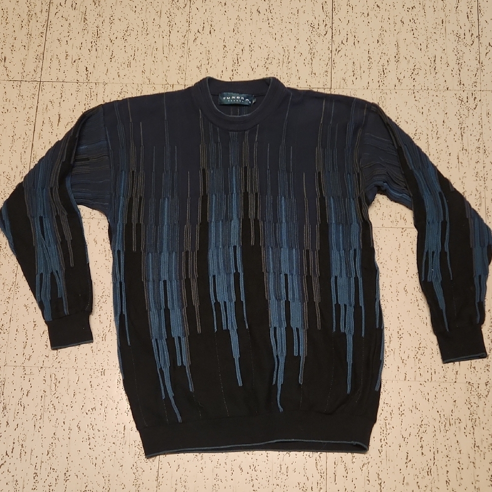 Tundra Coogi Style Textured Knit Crewneck Sweater Vintage 90s Black, Gray & Blue